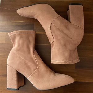 blush tone Faux Suede Sock Boots with chunky heel